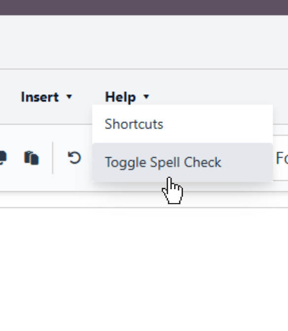 Screenshot of spell check toggle in the "help" menu in the menu bar.