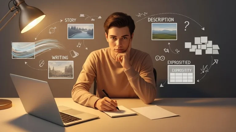An illustration showing different creative writing styles emerging from a writer’s notepad.