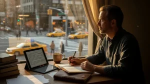 A writer capturing vivid sensory details while working at a desk, representing the art of descriptive writing and creative expression.
