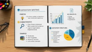 Educational illustration explaining expository writing structure, purpose, and key principles.