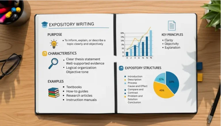 Educational illustration explaining expository writing structure, purpose, and key principles.