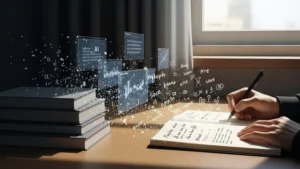 A writer sitting at a desk, choosing handwritten ideas over textbooks and AI-generated content, representing independent writing and authentic thinking.
