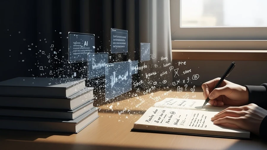 A writer sitting at a desk, choosing handwritten ideas over textbooks and AI-generated content, representing independent writing and authentic thinking.