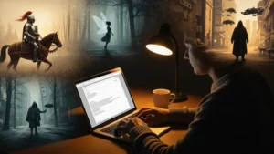 A writer immersed in narrative writing and storytelling.