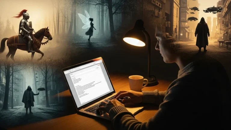 A writer immersed in narrative writing and storytelling.