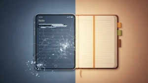 Comparison between a fragile digital notepad glitching and a stable handwritten notebook, symbolizing reliability versus feature-heavy online note tools.