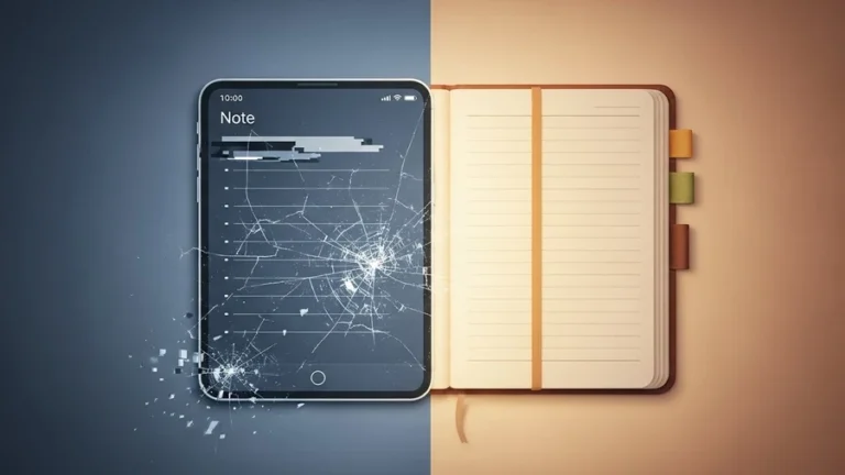 Comparison between a fragile digital notepad glitching and a stable handwritten notebook, symbolizing reliability versus feature-heavy online note tools.