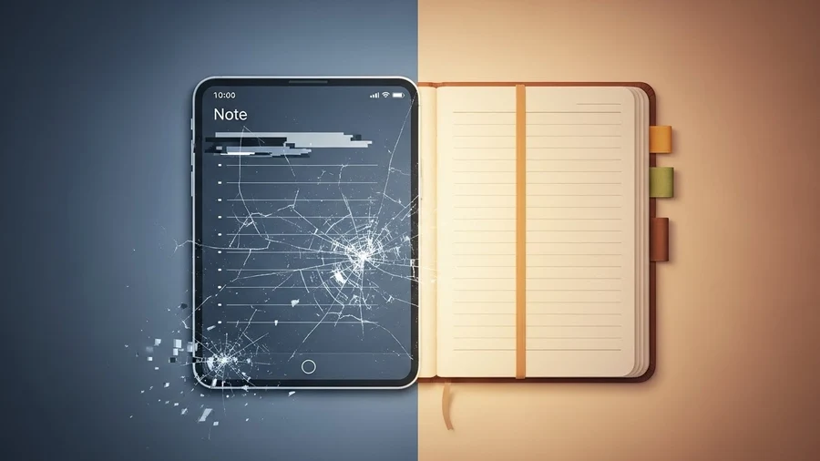 Comparison between a fragile digital notepad glitching and a stable handwritten notebook, symbolizing reliability versus feature-heavy online note tools.